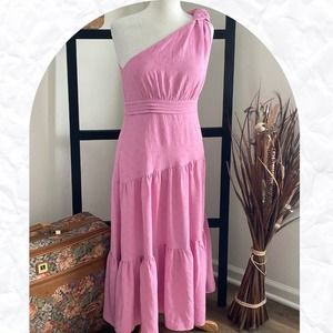 NWT Entro Women's Pink One Shoulder Tiered Fit & Flare Midi Dress Size L
